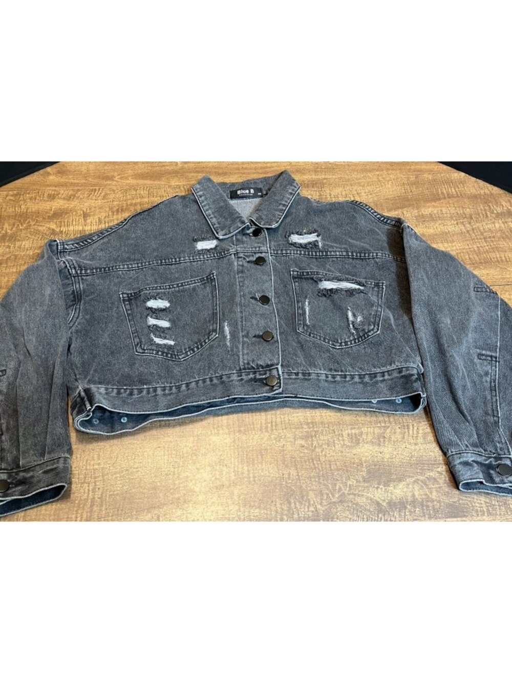 Blue B Cropped Denim Jacket S/M Charcoal-wash Beaded Fringe Grunge Punk Goth